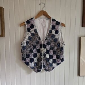 Patchwork Quilted Cottagecore Vintage Vest 100% Cotton Blue Purple White